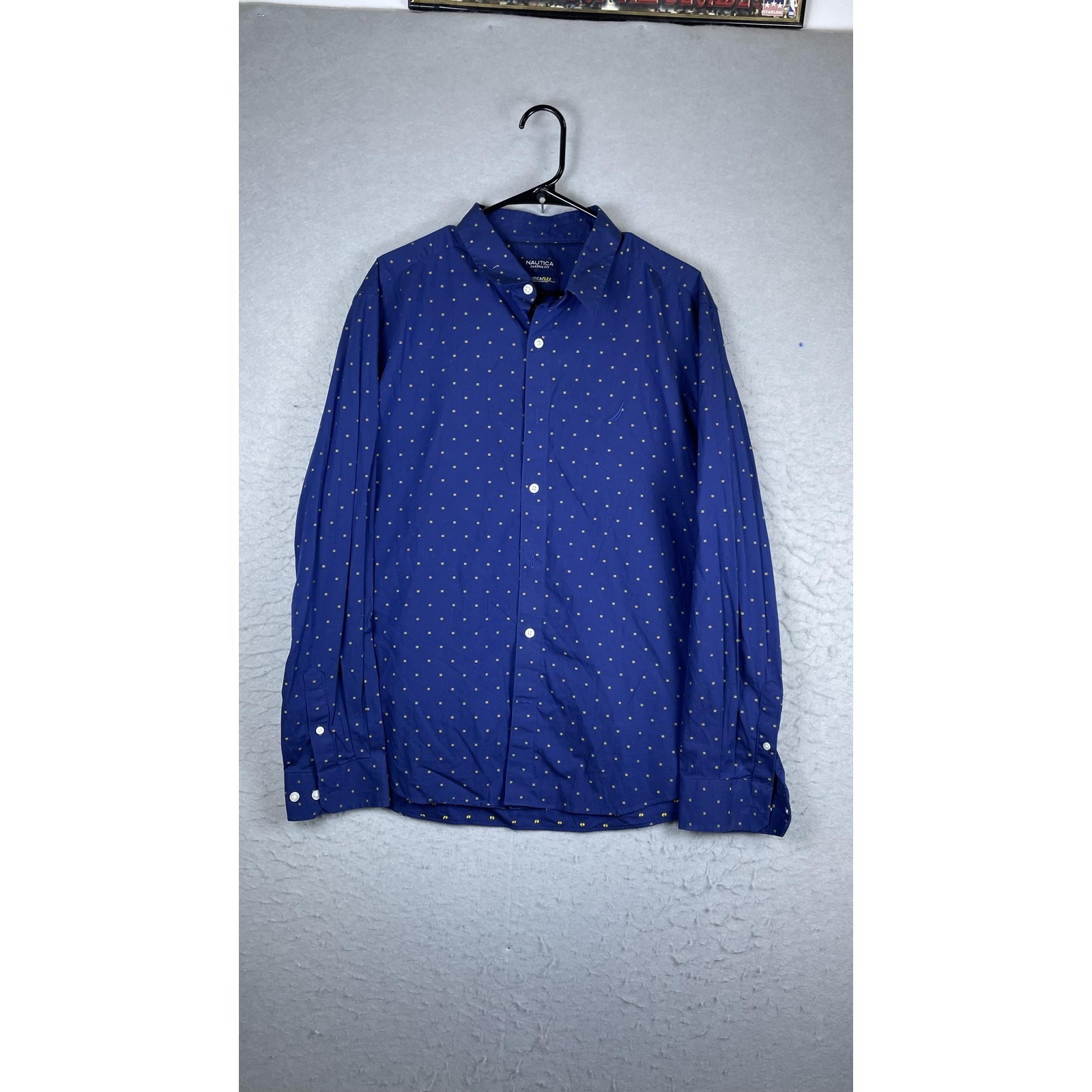 Nautica Shirt Mens Xl Blue Geometric Long Sleeve Button Front Stretch Casual